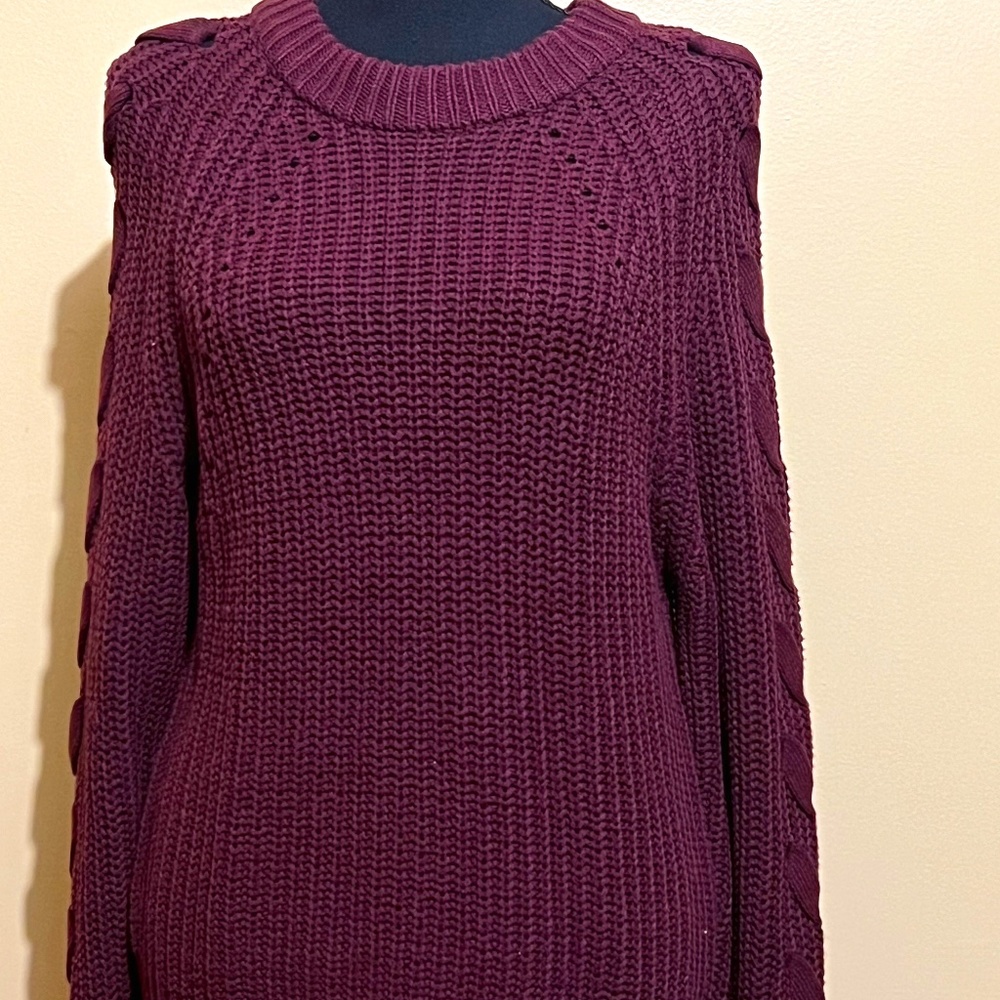 Fancy Purple ribbed sweater with ribbon design on  sleeves